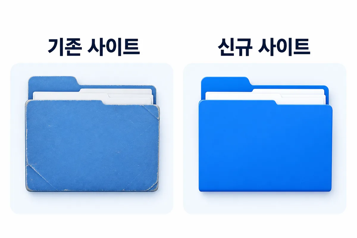 기존 사이트 vs 신규 사이트 기존 사이트와 신규 사이트를 비교하는 서류철 이미지