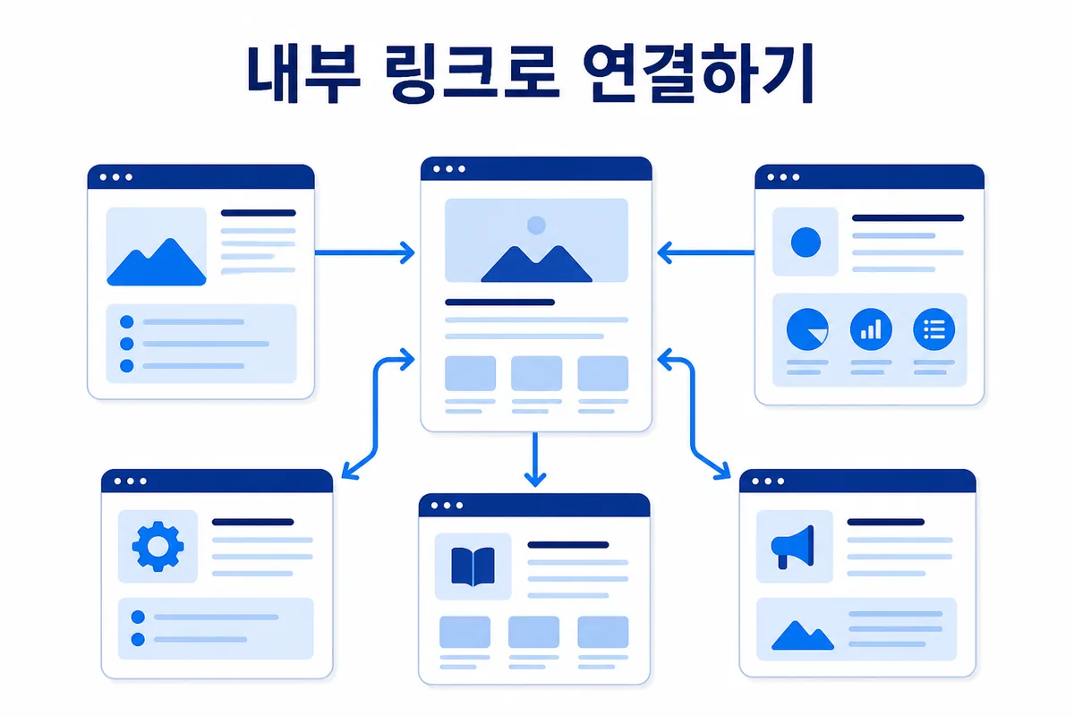 내부 링크로 연결하기 여러 페이지가 화살표로 서로 연결된 내부 링크 다이어그램