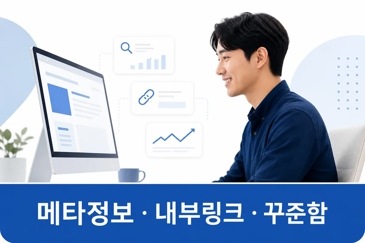 메타정보 · 내부링크 · 꾸준함 컴퓨터 화면을 보며 웃는 사람의 옆모습