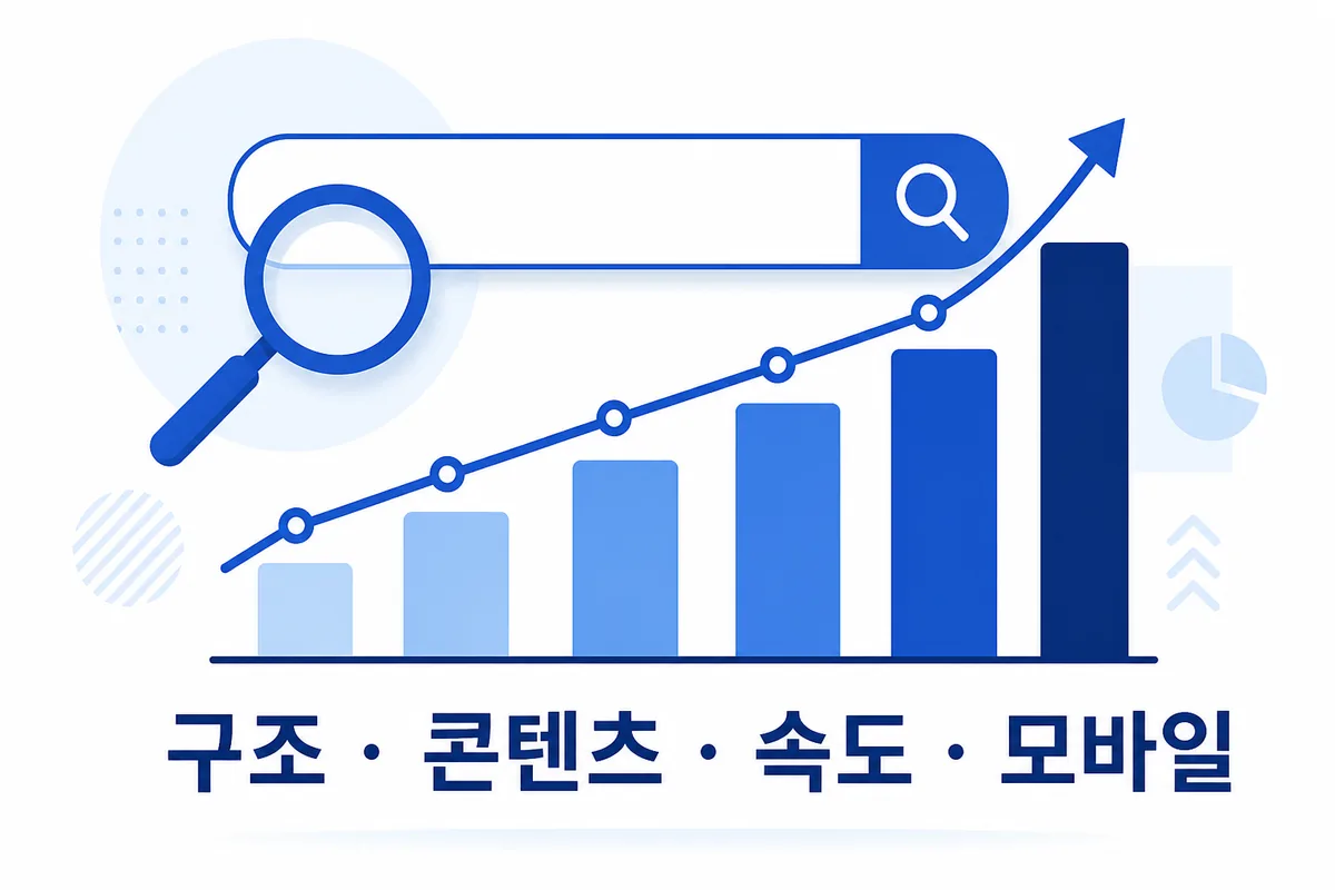 구조 · 콘텐츠 · 속도 · 모바일 상승하는 그래프와 검색창 아이콘 일러스트